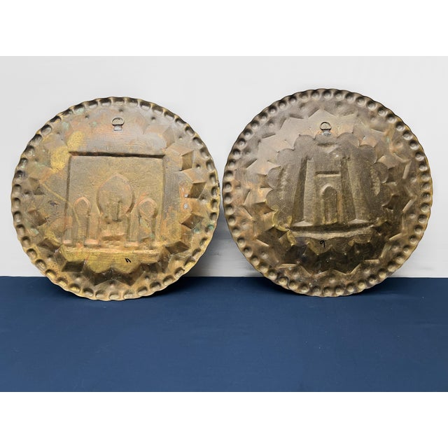 Brass Vintage Pair of Hollywood Regency Moroccan Repoussé Brass Architectural Wall Chargers For Sale - Image 8 of 8