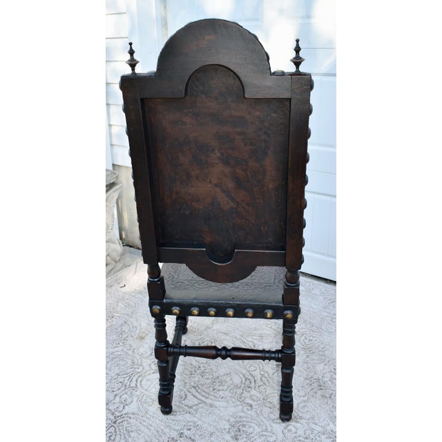 Antique Tudor Carved Walnut & Tooled Leather High Back W/Brass Studs & Finials For Sale - Image 10 of 12