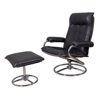 Set of Vintage Italian Black Leather Armchair and Ottoman, 1970s For Sale