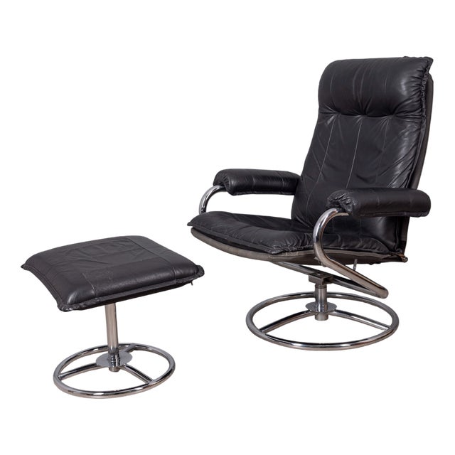 Set of Vintage Italian Black Leather Armchair and Ottoman, 1970s For Sale