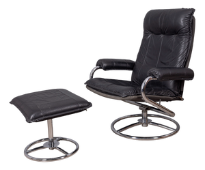 Set of Vintage Italian Black Leather Armchair and Ottoman, 1970s