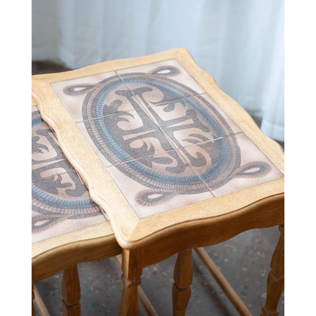 Henning Kjaernulf Attributed to Henning Kjærnulf Danish Oak & Tile Nesting Tables for Edmund Pedersen, 1970s For Sale - Image 4 of 12