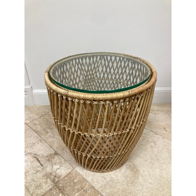 Boho Chic Rattan Drum Table with Glass inset top. Beautiful Design and quality construction in natural original rattan...