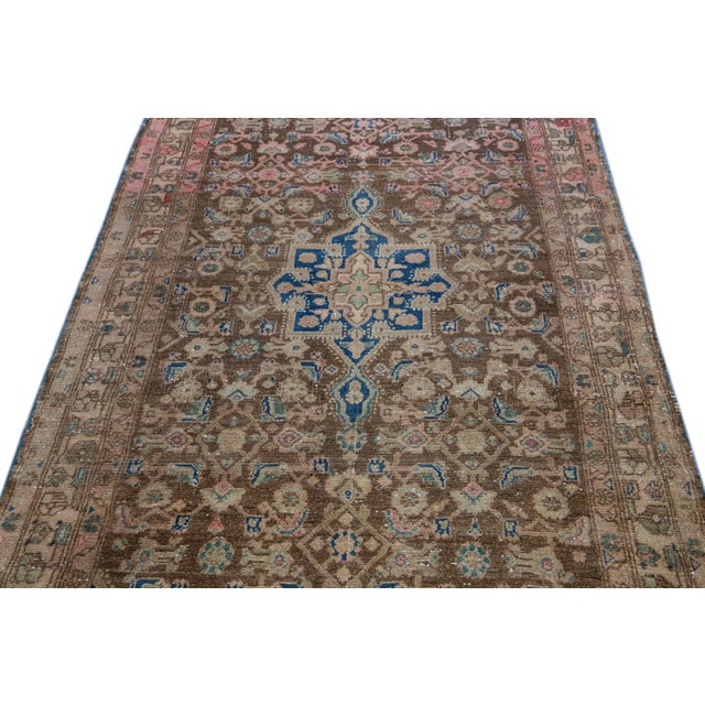 Persian 1960s Vintage Distressed Handmade Brown Medallion Wool Rug For Sale - Image 3 of 7