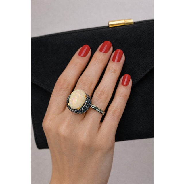 Late 20th Century Bochic “Orient” Vintage Natural Opal & Sapphire Ring Set In 18K & Silver For Sale - Image 5 of 13