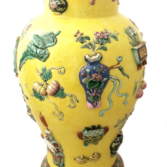 Chinese Large Imperial Yellow 100 Antiquities Baluster Vases With Lids