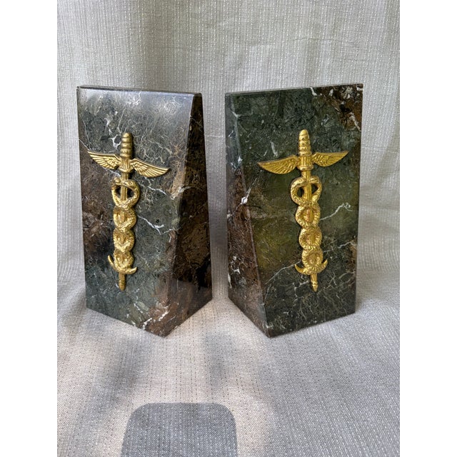1980s Heavy Medical Caduceus Brown Gray Italian Marble Bookends a Pair For Sale - Image 10 of 15