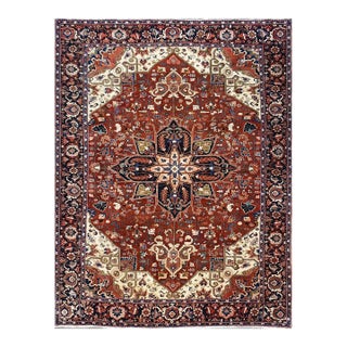 Vintage Persian Heriz 10x13 Red, Navy, & Ivory Handmade Area Rug #9901667 For Sale