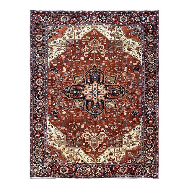 Vintage Persian Heriz 10x13 Red, Navy, & Ivory Handmade Area Rug #9901667 For Sale