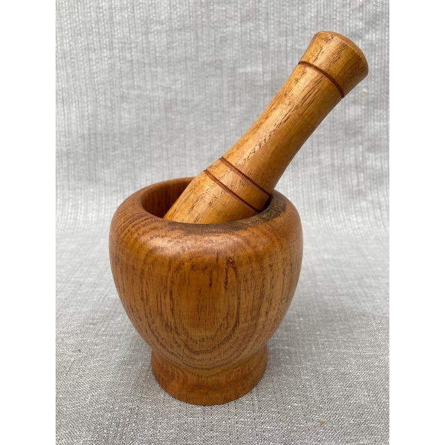 American Vintage Hand Turned Wooden Mortar and Pestle For Sale - Image 3 of 10