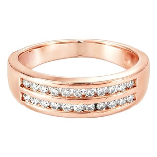 Late 20th Century Size 7.75 14K Rose Pink Gold Diamond Double Row Wedding Ring Band For Sale