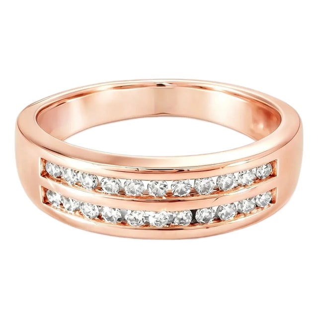 Late 20th Century Size 7.75 14K Rose Pink Gold Diamond Double Row Wedding Ring Band For Sale