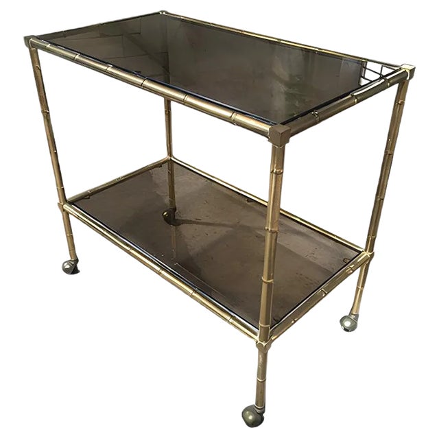 Mid-Century Modern French Gilt Metal & Faux Bamboo Bar Cart with Smoked Glasses by Maison Baguès, 1960s For Sale