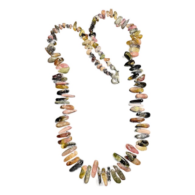 Gemstone Necklace Rainbow Tourmaline Graduated Stick Necklace Sterling Silver Clasp For Sale