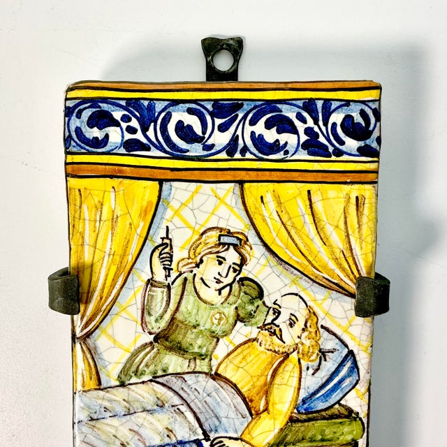 Mid 20th Century Vintage Rustic European Mediterranean Italian Castillo Tin-Glazed Majolica Hand-Painted Tile, Iron Bracket For Sale - Image 5 of 13