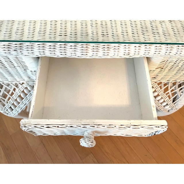 Wood Vintage White Rectangular Wicker & Bamboo Desk, Console or Vanity With Glass Top, Drawer For Sale - Image 7 of 10
