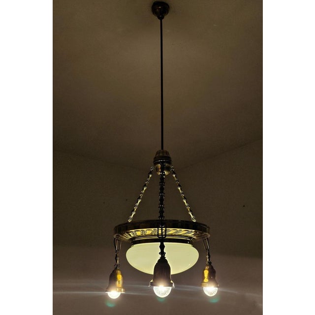 Art Nouveau Polished Brass Chandelier with Opaline Glass Dome, Austria, 1910s For Sale - Image 5 of 12