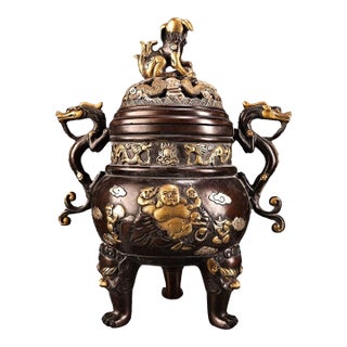 Solid Copper Gilt Gold & Silver High-Relief Incense Burner Censer With Laughing Buddha & Dragons For Sale