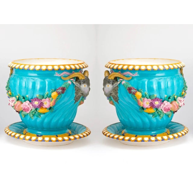 19th Century Striking Pair Minton Style Porcelain Continental Majolica Jardinieres/ Stands For Sale - Image 5 of 10