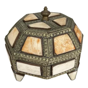 1950s Geometric Mosaic Trinket Box in Brass With Camel Bone Inlay Handcrafted in Morocco