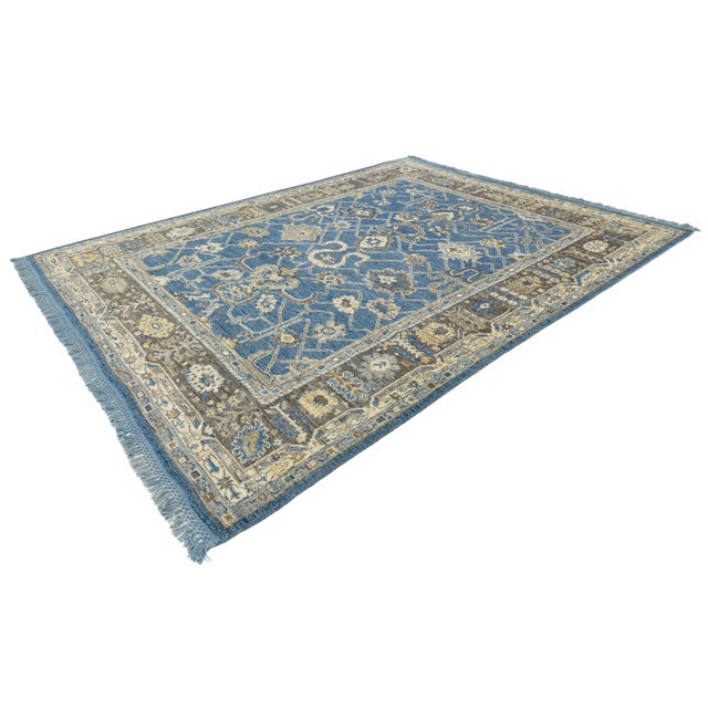 Contemporary Hand-Knot Modern Oushak Style Wool Area Rug in French Blue & Taupe For Sale - Image 11 of 12