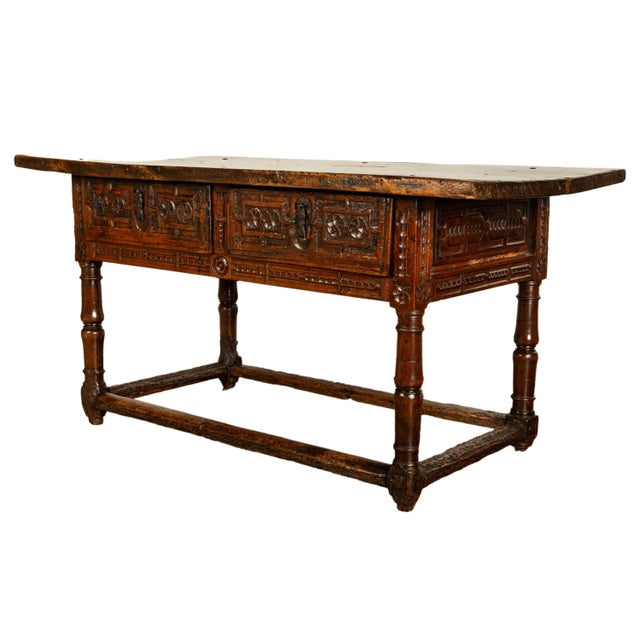 An outstanding rare antique 16th century two drawer carved walnut refectory, console or serving table, Barcelona, Spain,...
