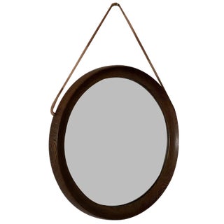 Mid-Century Scandinavian Round Wenge Wood Mirror with Leather Strap, 1950s For Sale