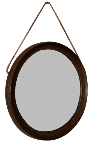 Mid-Century Scandinavian Round Wenge Wood Mirror with Leather Strap, 1950s