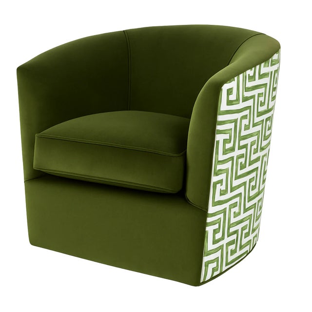 Blending clean lines with tailored comfort, this custom swivel chair features a refined barrel-back silhouette, gently...