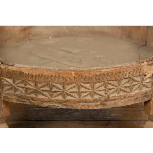 1920s Chakki Teak Indian Grinding Table with Hand Carved Geometric Décor For Sale - Image 12 of 12