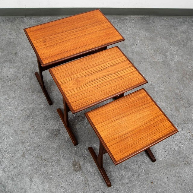 Brown Mid Century Danish Modern Nesting Tables Attributed to Kai Kristiansen Teak Set 3 Denmark MCM For Sale - Image 8 of 10