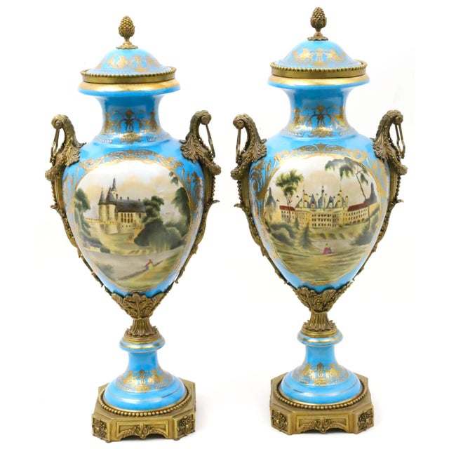 19th Century French Bronze Mounted Porcelain Covered Urns, Robin’s Egg Blue For Sale - Image 11 of 11