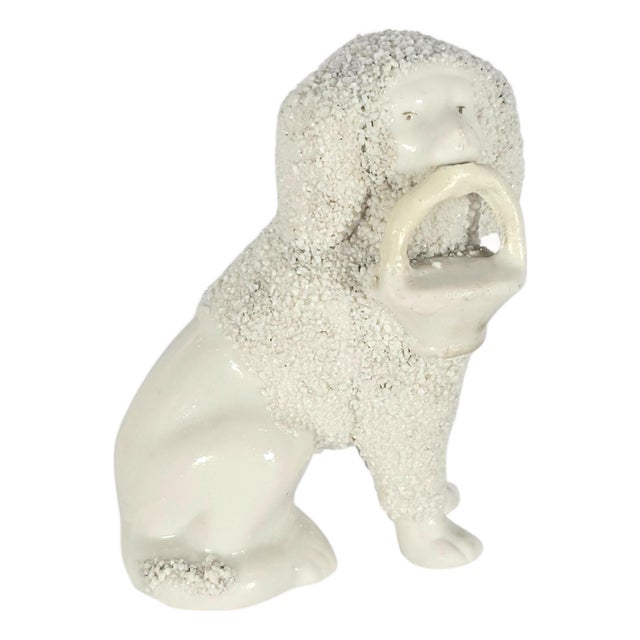 Victorian Staffordshire Miniature Poodle With Basket, England, c.1850–1880 For Sale