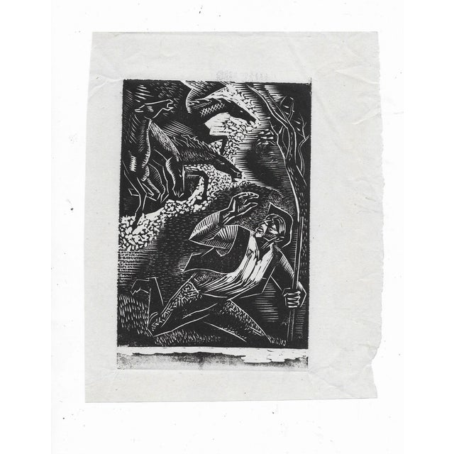 1950s unsigned woodcut of a man running from several black horses.