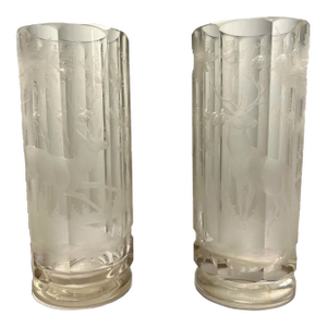 Set of 2 Antique 1870's Bohemian Deer Etched Engraved Beakers