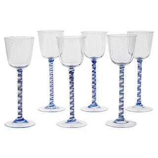 Cobalto and Pulegoso Murano Glass with Twisted Stems from Cenedese, 1950s, Set of 6 For Sale