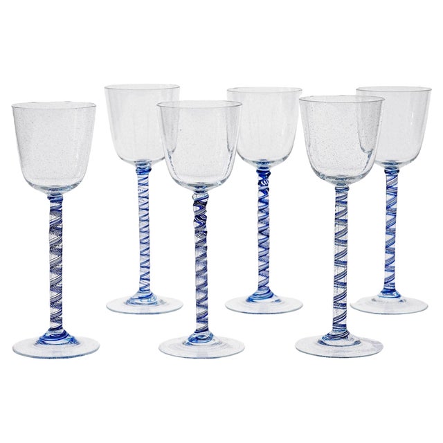 Cobalto and Pulegoso Murano Glass with Twisted Stems from Cenedese, 1950s, Set of 6 For Sale