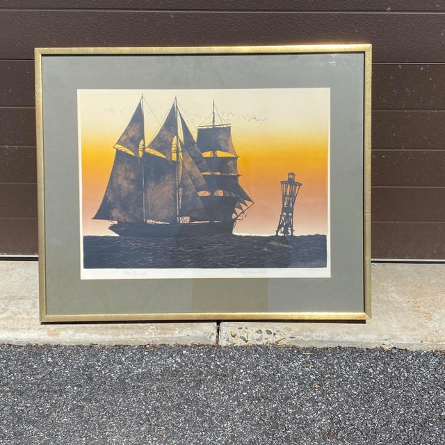 Fine original framed silkscreen “The Tall Ship” by listed artist Elton Bennett (American, 1910-1974) circa 1960s. Pencil...
