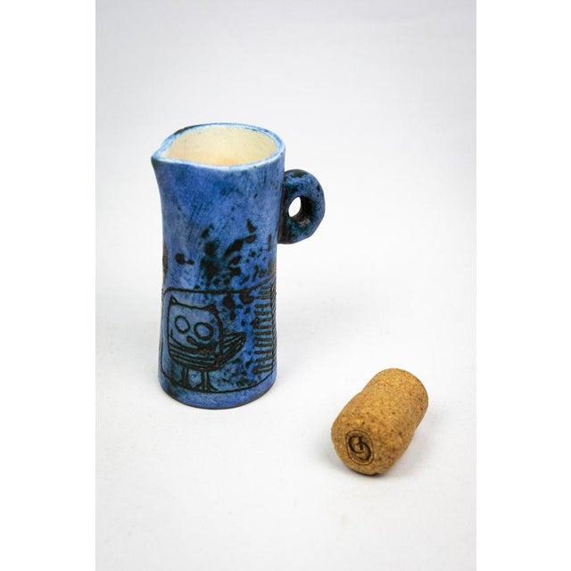 Small Mid-Century French Blue Ceramic Ewer with Engraved Decoration of Stylized Owls and Fish by Jacques Blin, 1950s For Sale - Image 11 of 15