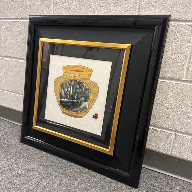 Vintage painting on silk by artist Hisashi Otsuka of a forest scene inside a vase. Signed lower right. Custom framed and...