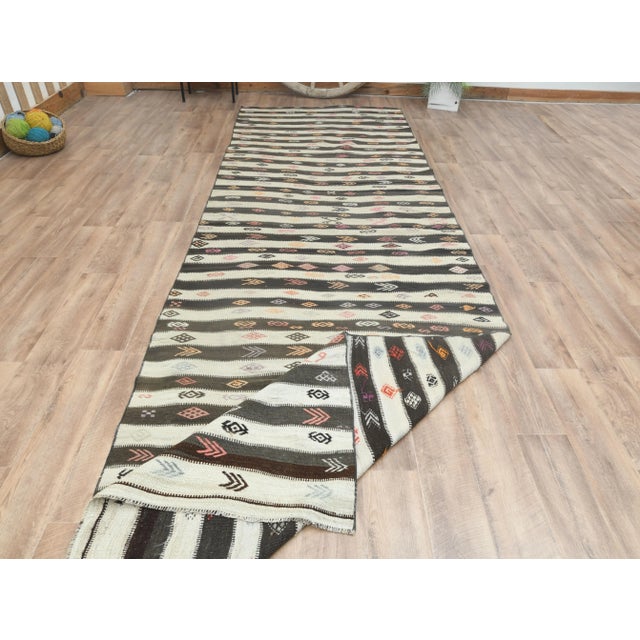1970s Vintage Turkish Handmade Wool Cotton Beige Brown Kilim Runner Rug For Sale In San Francisco - Image 6 of 11