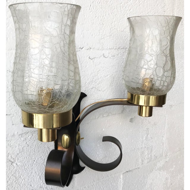 Signed Perzel sconce. Circa 1960. US rewired and in working condition. 2 original craqueled glass shades Priced for one, pair