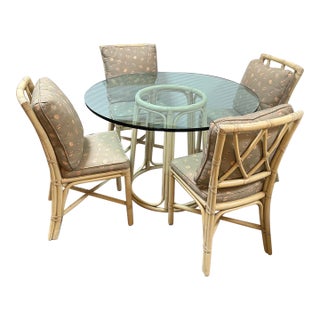 McGuire Furniture Lattice Back & Seashell Printed Dining Side Chairs and Glass Bistro Table, 28 Inches For Sale