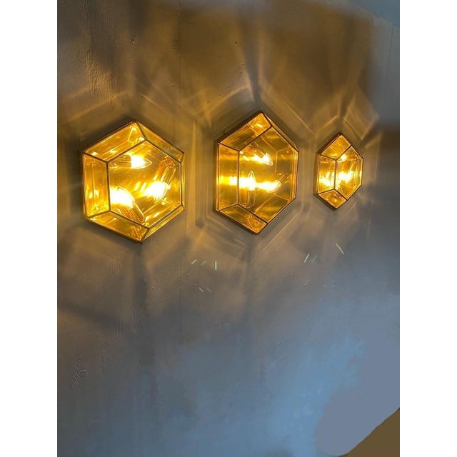 Metal Vintage Hexagonal Facet Cut Glass and Brass Wall or Ceiling Lamps, 1960, Set of 3 For Sale - Image 7 of 16