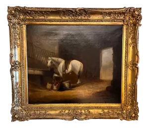 After William Shayer Sr, A Stable Interior, 1800s, Oil on Canvas, Framed