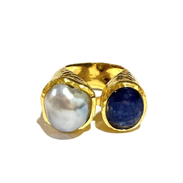 Bochic “Orient” Blue Sapphire & Pearl Vintage 2 Gem Ring Set 18K & Silver Blue natural Sapphire , Oval cabochon shape -...