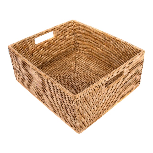Artifacts Rattan Rectangular Basket with Cutout Handles in Honey Brown - 14" For Sale
