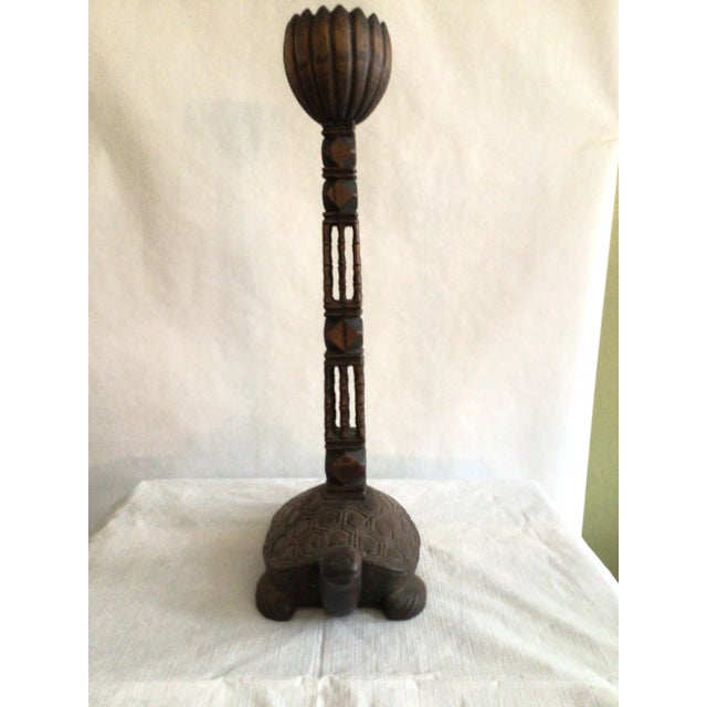 1960s hand-carved wood Turtle candlestick.