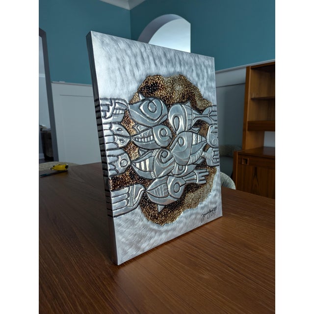 1970s Signed - Brutalist School of Fish Mixed-Metal Relief Wall Sculpture — 1974 For Sale - Image 5 of 7
