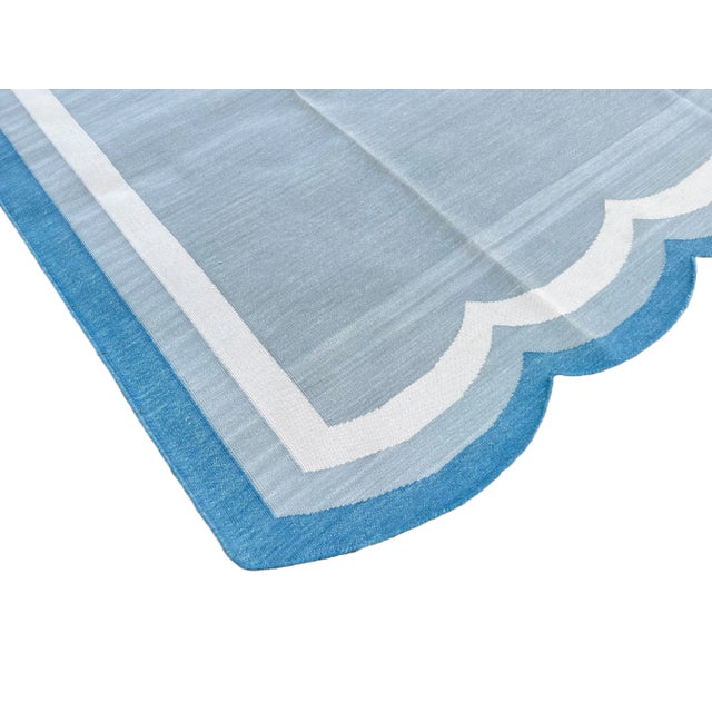 Not Yet Made - Made To Order Handmade Cotton Area Scalloped Rug Vegetable Dyed Gray, Cream and Teal Blue Border Rug-8'x10' For Sale - Image 5 of 11